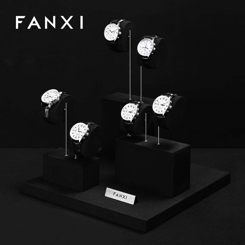TT523 Wholesale Microfiber Watch Display Set Black Color Metal Material Watch Display Stand Luxury Watch Display Show