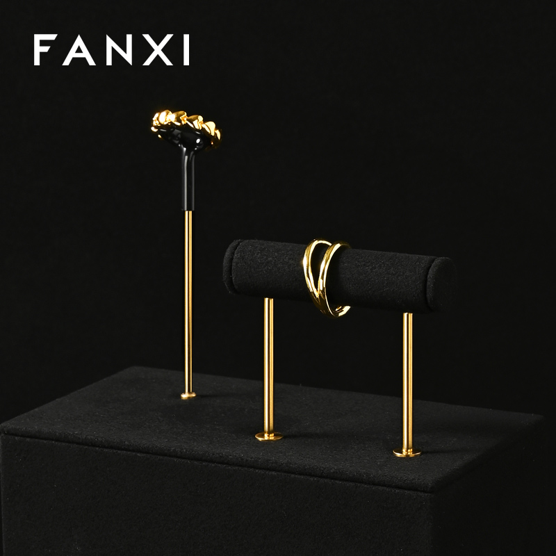 TT472 Metal Gold Earring Display Stand Small Jewelry T Bar Display Stand for Closet Retail Black-Square Base