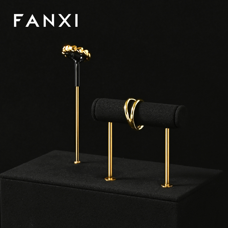 TT472 Metal Gold Earring Display Stand Small Jewelry T Bar Display Stand for Closet Retail Black-Square Base