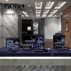 TT489 Custom LOGO Luxury Jewelry Rack Shop Store Showcase Exhibitor Metal Blue Microfiber Jewelry Display Stand Set