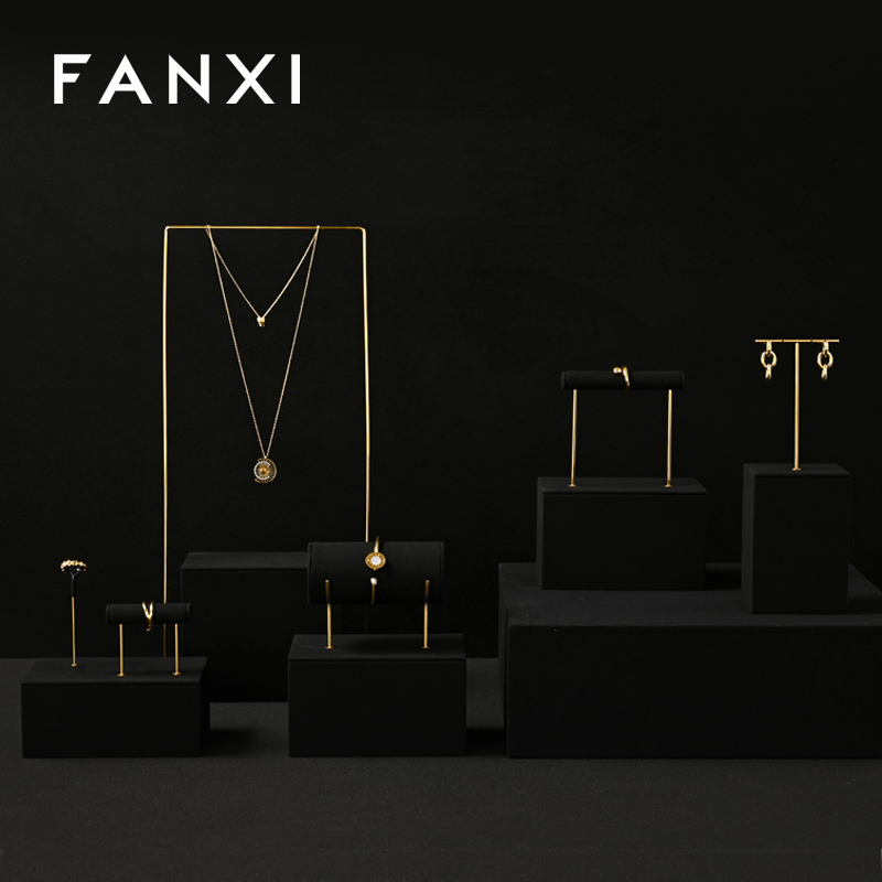 TT472 Metal Gold Earring Display Stand Small Jewelry T Bar Display Stand for Closet Retail Black-Square Base
