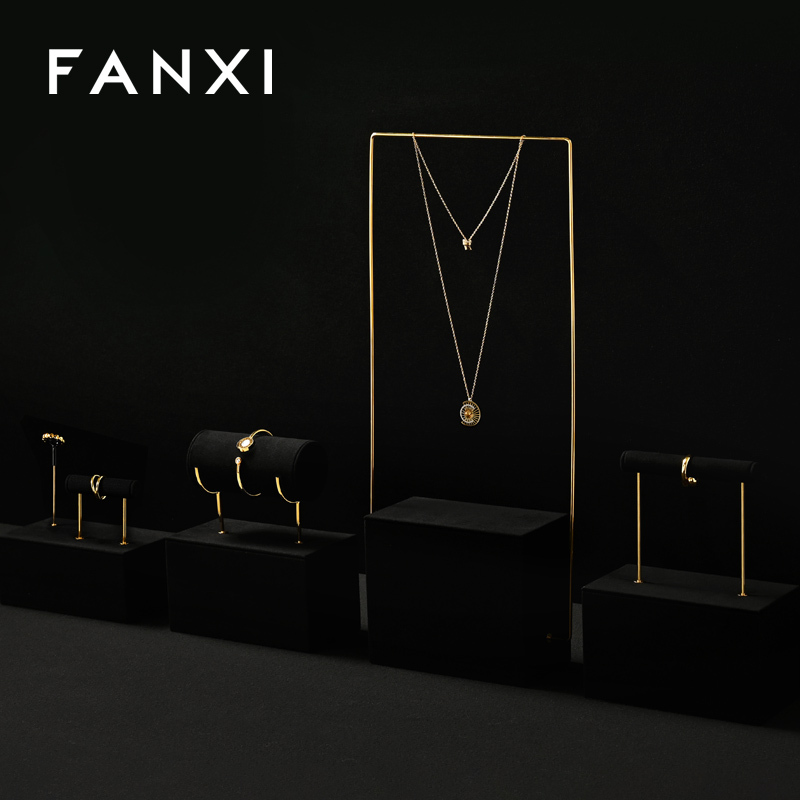 TT472 Metal Gold Earring Display Stand Small Jewelry T Bar Display Stand for Closet Retail Black-Square Base