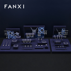 TT489 Custom LOGO Luxury Jewelry Rack Shop Store Showcase Exhibitor Metal Blue Microfiber Jewelry Display Stand Set