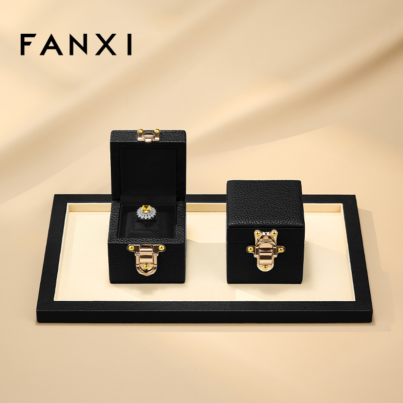 H207 Luxury Genuine leather Ring Box Square Jewelry Packaging Box Lockable Custom Logo