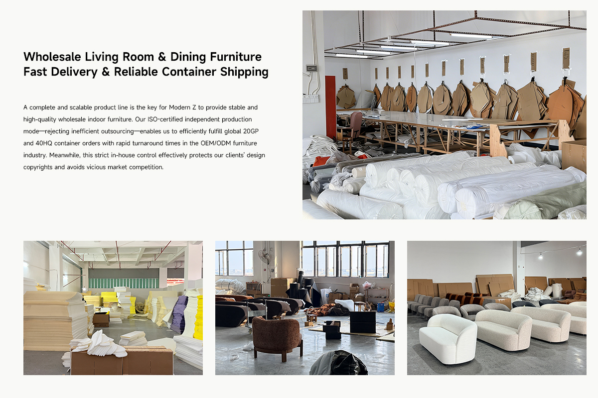Modern Z Furniture production and upholstery work area for wholesale living room and dining furniture