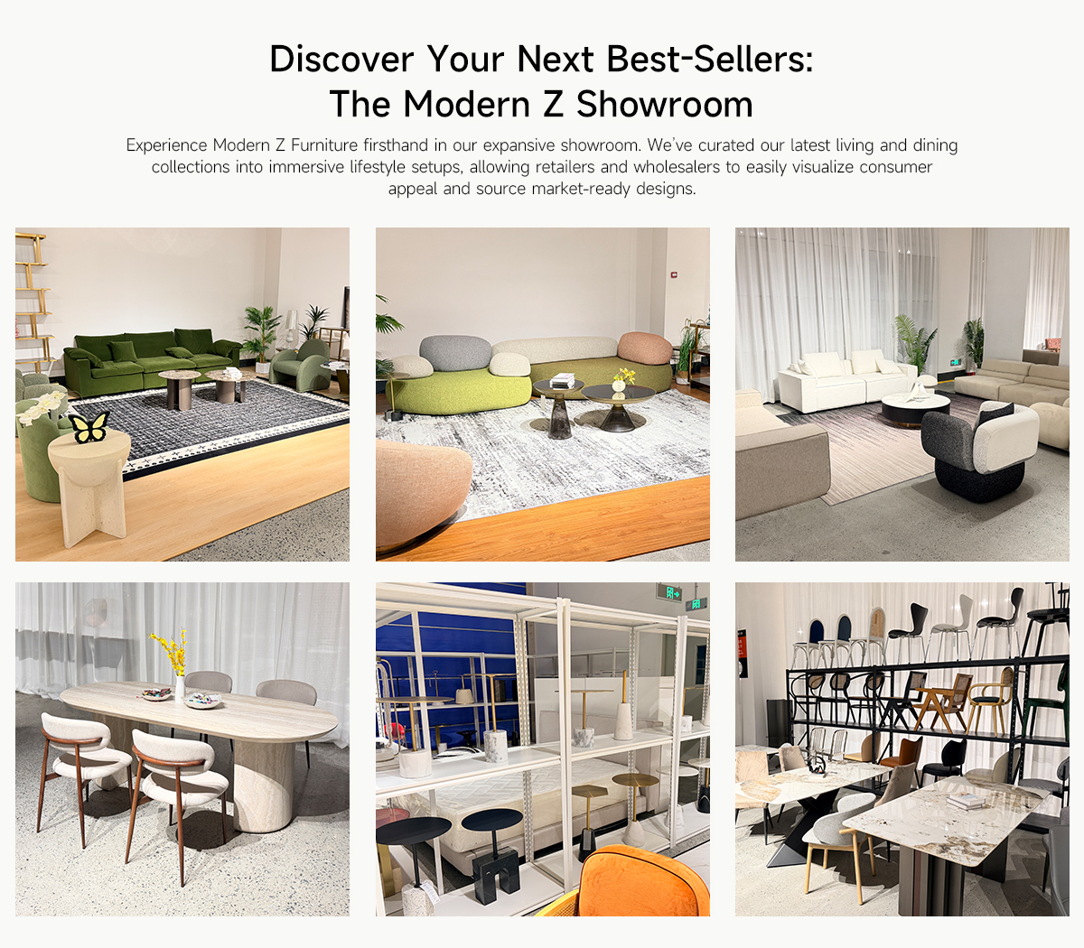 Modern Z Furniture showroom displaying living room and dining room collections