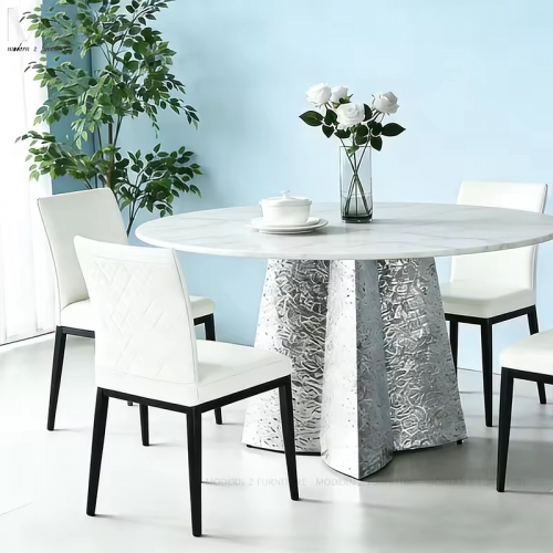 Round Textured Silver Sintered Stone Dining Table-5036