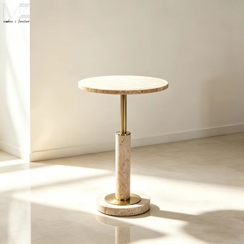 Travertine Round Pedestal Side Table-MZ3934