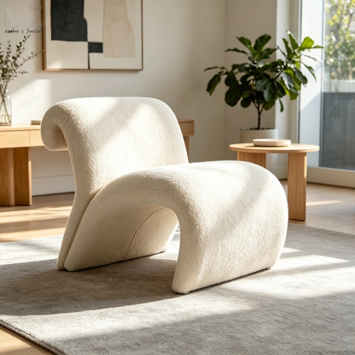 White Boucle Curved Lounge Chair-MZ2276