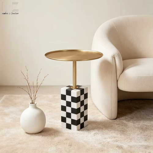 Gold Round Checkerboard Pedestal Side Table-MZ3169