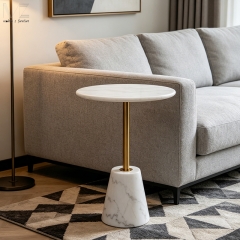 Light Round Side Table with Gold Stem and White Base-MZ4604