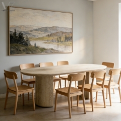 Light Oval Fiberglass Dining Table with Travertine-Look Sticker Finish-MZ7631