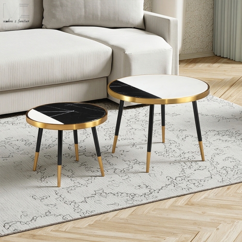 Black and White Geometric Mosaic Round Coffee Table and Side Table Set-MZ7156