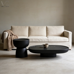 Black Round Coffee Table with Drum Side Table Set-MZ9852