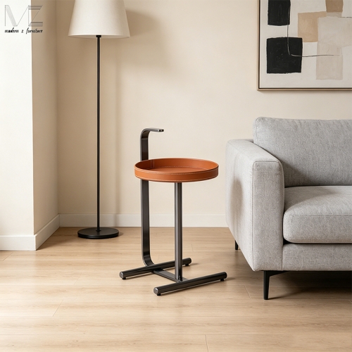Brown Round Top Side Table with Black Base-MZ7568