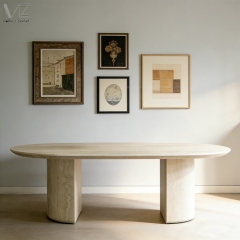 Light Oval Fiberglass Dining Table with Travertine-Look Sticker Finish-MZ7631