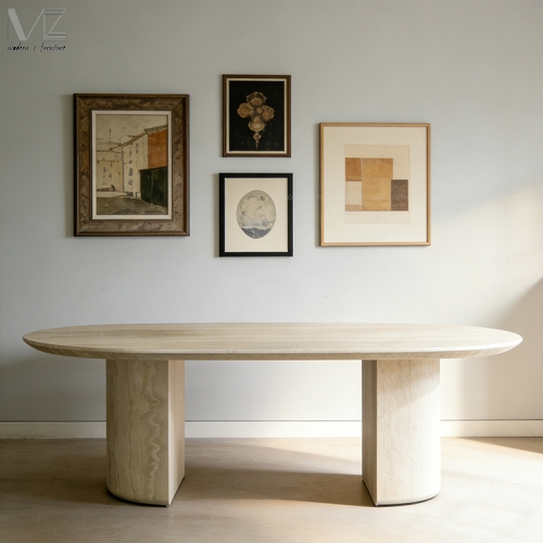 Light Oval Fiberglass Dining Table with Travertine-Look Sticker Finish-MZ7631