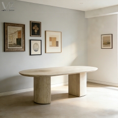 Light Oval Fiberglass Dining Table with Travertine-Look Sticker Finish-MZ7631