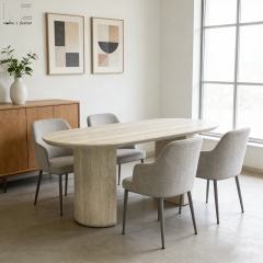 Light Oval Fiberglass Dining Table with Travertine-Look Sticker Finish-MZ7631