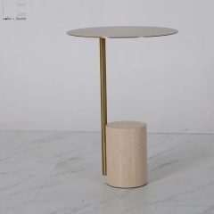 Brass Finish Round Side Table with Stone Base-MZ4603