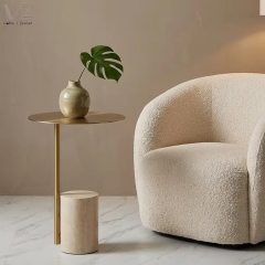 Brass Finish Round Side Table with Stone Base-MZ4603