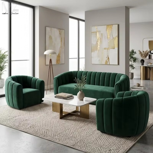Emerald Green Channel Tufted Curved Sofa Set-MZ3927