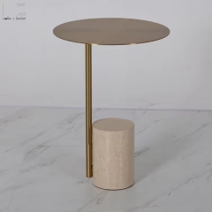Brass Finish Round Side Table with Stone Base-MZ4603