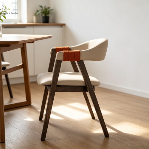 Walnut Wood Arm Dining Chair with Leather Strap Detail-MZ9847
