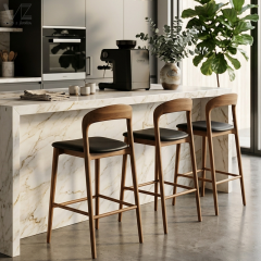 Walnut Wood Counter Height Bar Stool with Black Seat-MZ0020