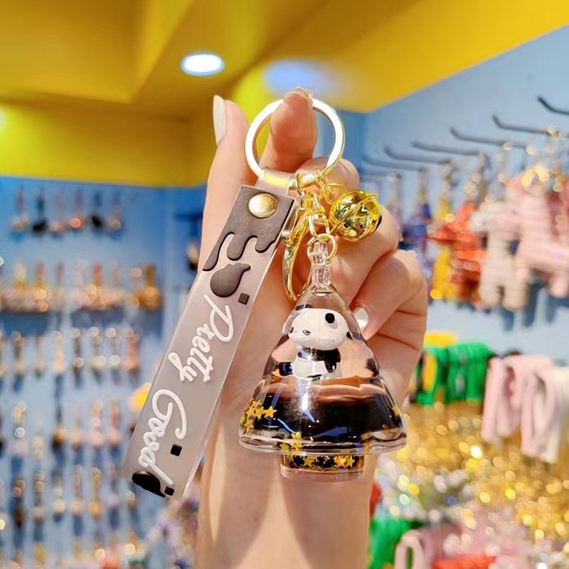 Transparent black oil floating panda keychain female cute fashion exquisite bag hanging decoration car key chain pendant