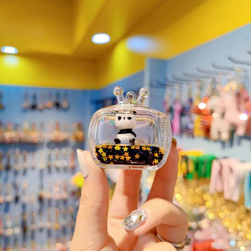 Transparent black oil floating panda keychain female cute fashion exquisite bag hanging decoration car key chain pendant