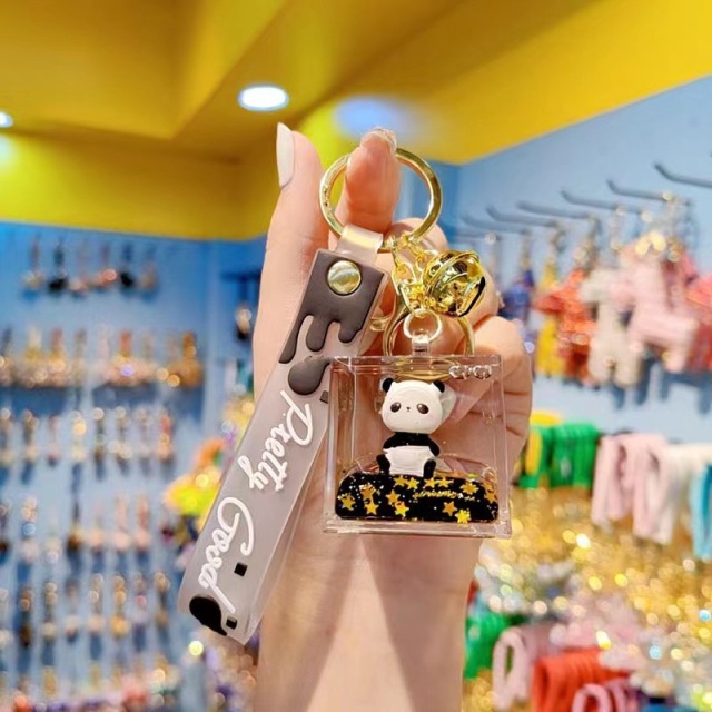 Transparent black oil floating panda keychain female cute fashion exquisite bag hanging decoration car key chain pendant