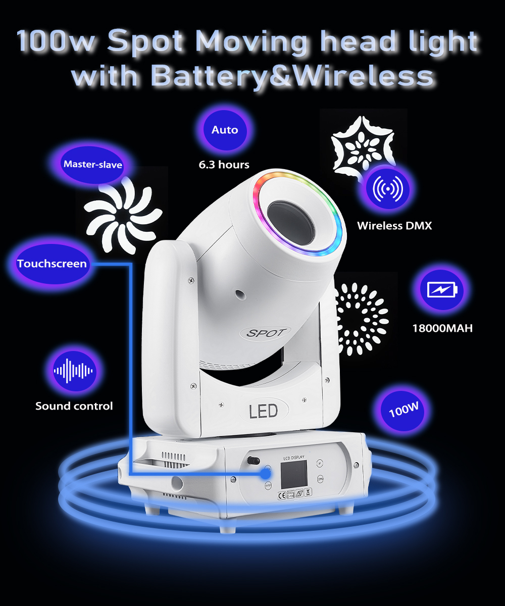 2units BPM-Spots 100 Battery & Wireless DMX 100W LED Spot Moving Head Light Stage DJ Wedding Mover Head Light