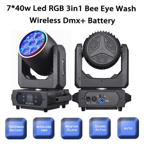 2units BPM-Splash X Wireless DMX Battery Operated Moving Head Light 7*40w RGBW LEDs Bee Eye Wash Mover Light with Halo Ring for DJ Party Wedding