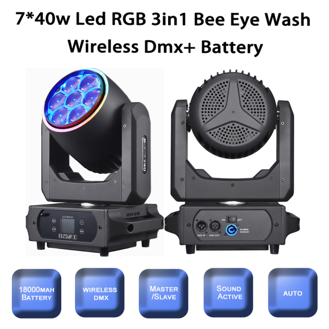 BPM-Splash X Moving Head Light 7*40w Bee Eye Wash Wireless DMX Battery Operated Mover Ligh for t DJ Party Wedding