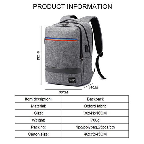 Daily backpack with USB recharge