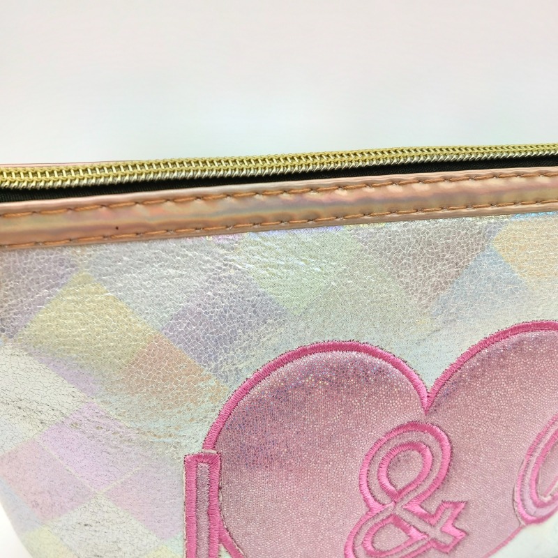 Embroidery Pink Heart Check Fabric Cosmetic Bag