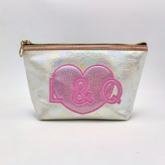 Embroidery Pink Heart Check Fabric Cosmetic Bag