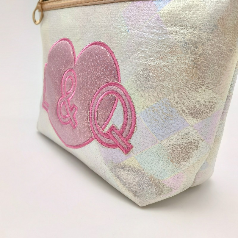 Embroidery Pink Heart Check Fabric Cosmetic Bag