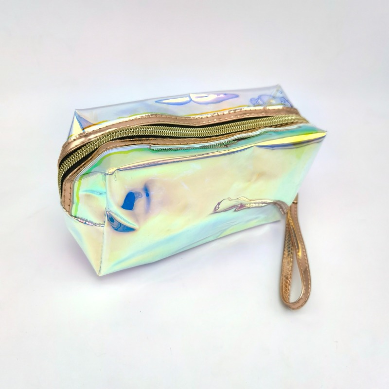 Iridescent PU Makeup Organizer with Handle Strap