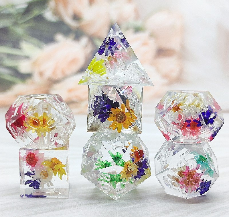 Crystal Unique Resin Dice Set with Flowers