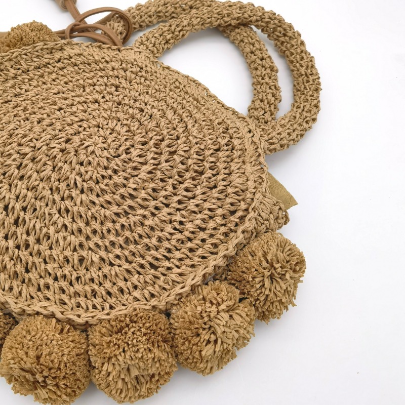 Hand Wowen Straw Poolside Bag with Hairballs Tassels
