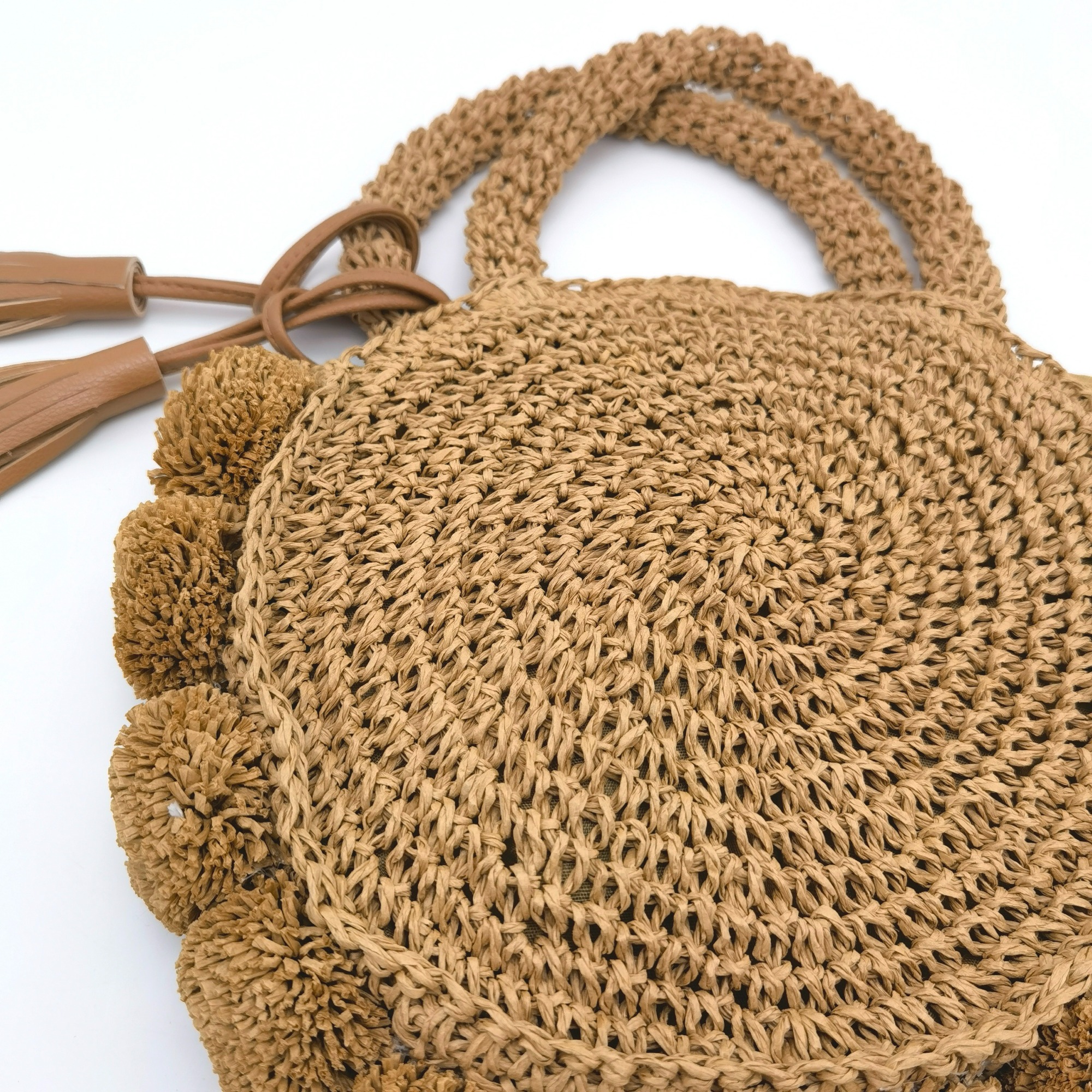 Hand Wowen Straw Poolside Bag with Hairballs Tassels