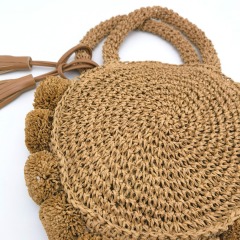 Hand Wowen Straw Poolside Bag with Hairballs Tassels