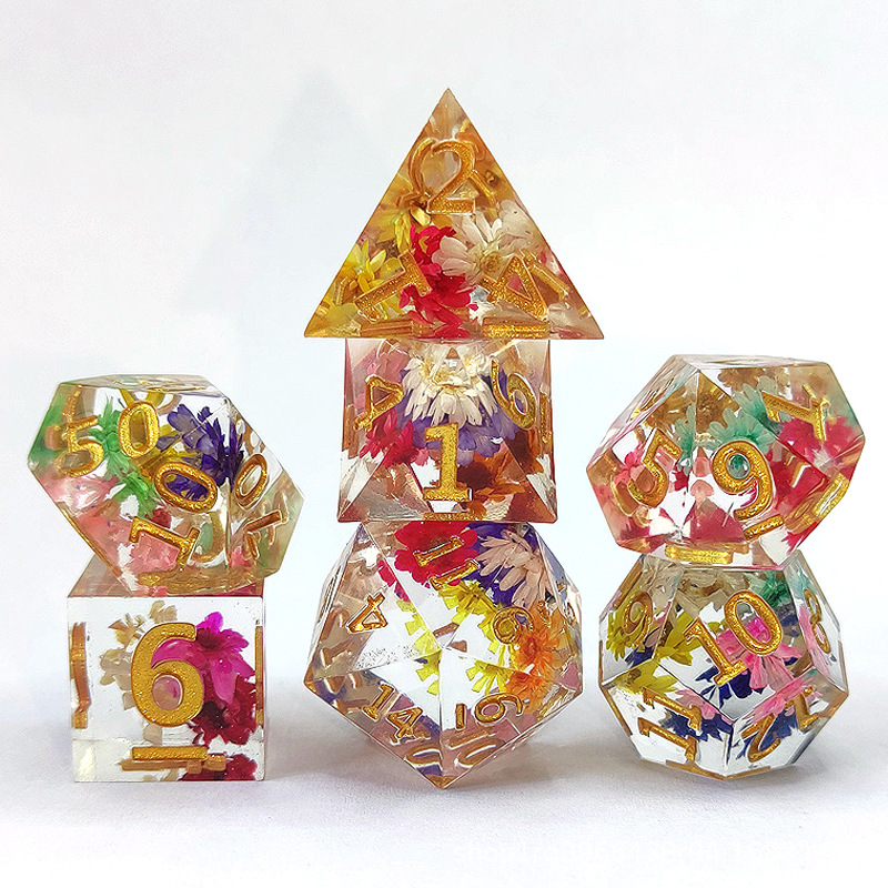 Crystal Unique Resin Dice Set with Flowers