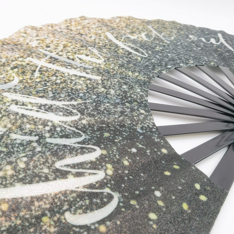 32cm Big Printed Bling Fabric Plastic Hand Fan