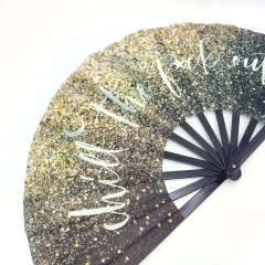 32cm Big Printed Bling Fabric Plastic Hand Fan