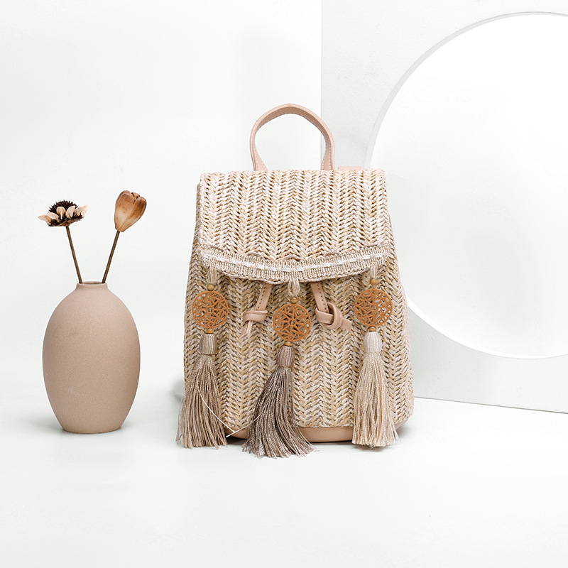 Hand Weave pp Straw Backpack Bag with Tassels