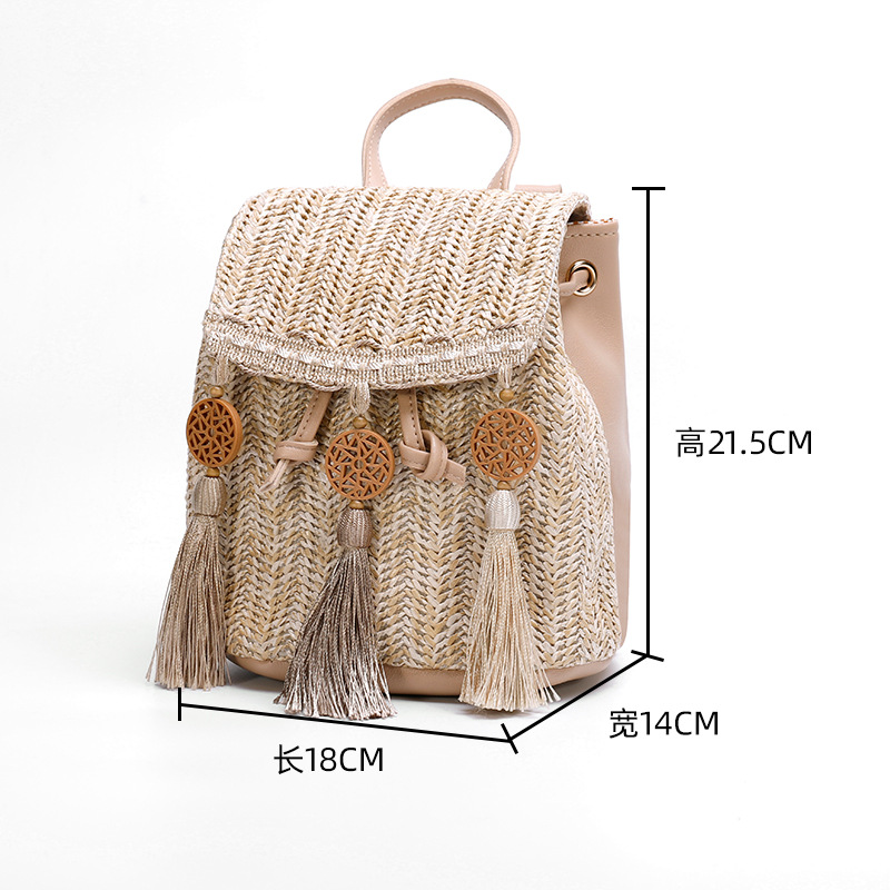 Hand Weave pp Straw Backpack Bag with Tassels