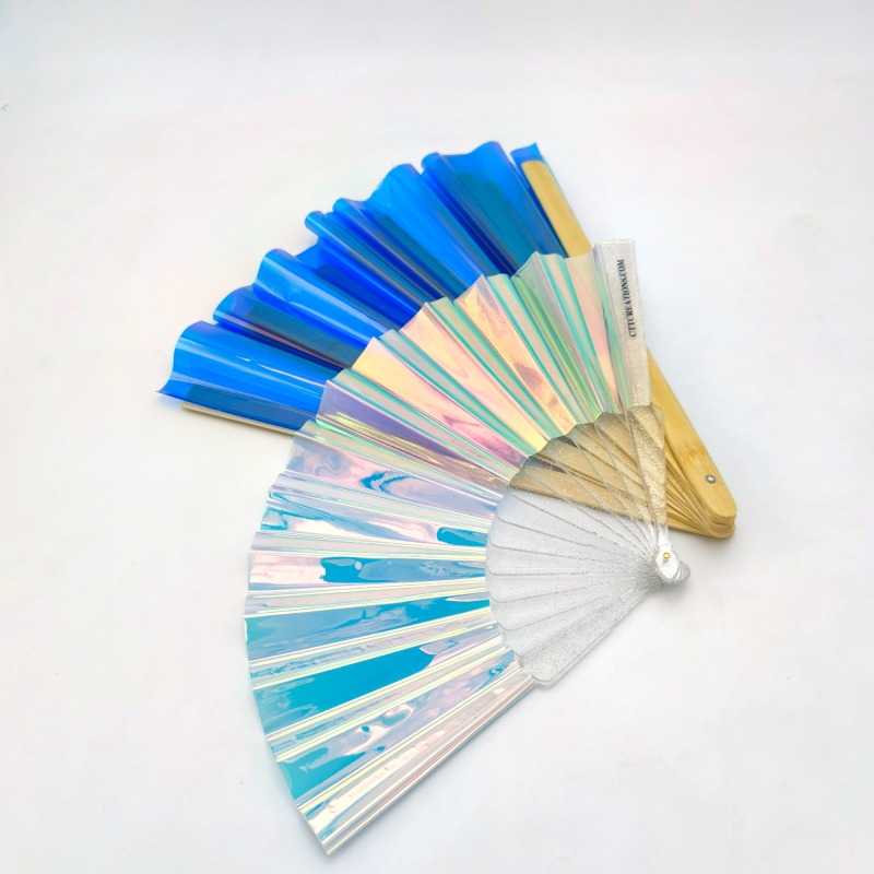 Wood Handle Iridescent Shiny PVC Fans